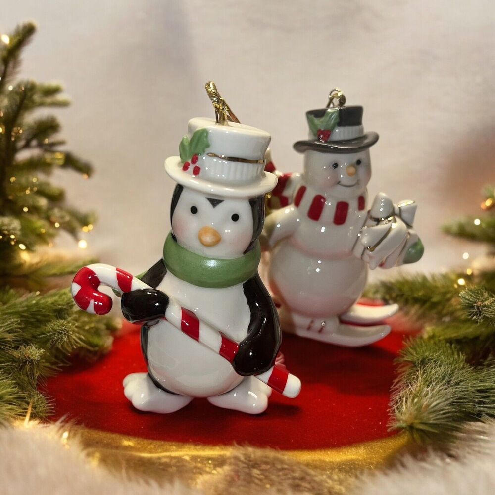 LENOX Christmas Ornaments Very Merry Porcelain Set of 2 Penguin and Snowman